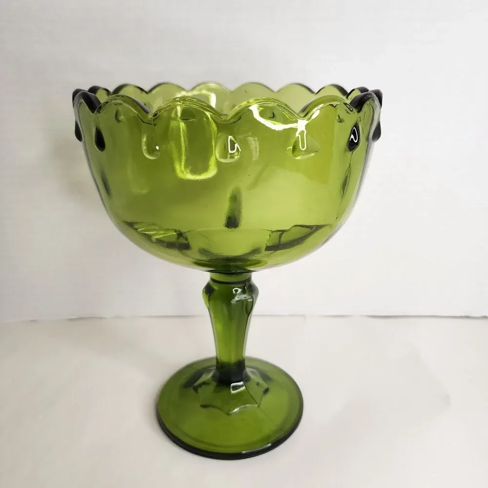 Vintage Indiana Glass Teardrop Antique Green Pedestal Compote Centerpiece Bowl